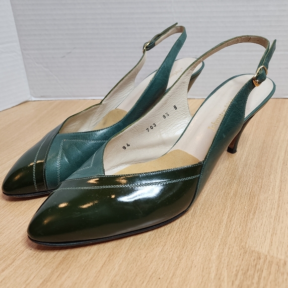 Vintage Johnston & Murphy Women's Green Leather Heels Slingback Almond Toe 9.5B - Picture 1 of 14